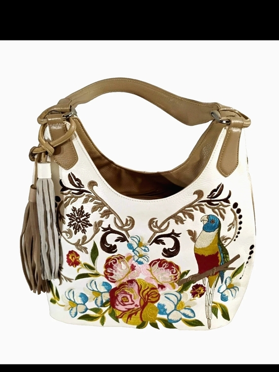 Sharif Handbags - Sharif Cream Shoulder Bag with Multicolor Floral & Parrot Embroidery GUC